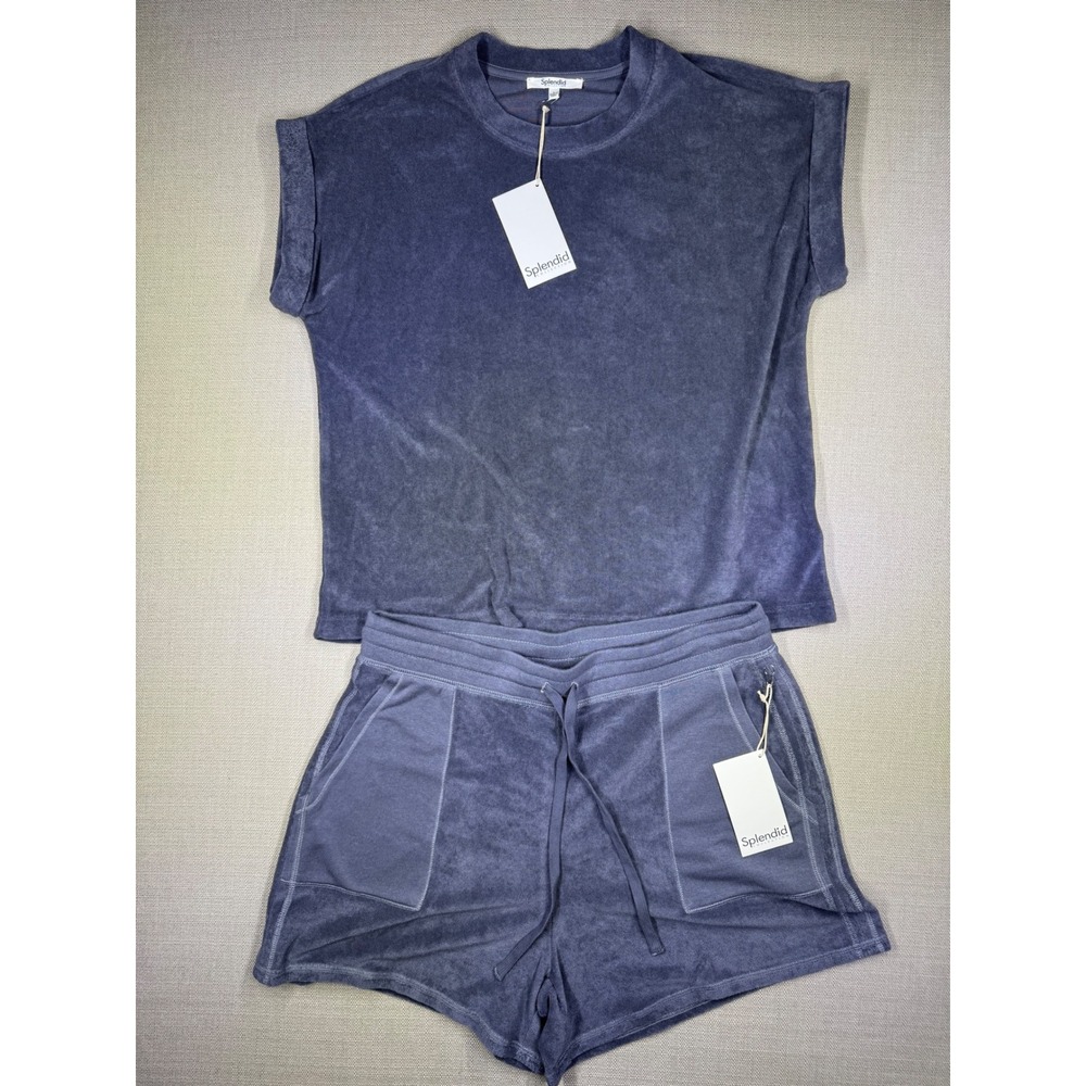 Splendid Womens Terry Cloth Lounge Short Set Ash Blue Large